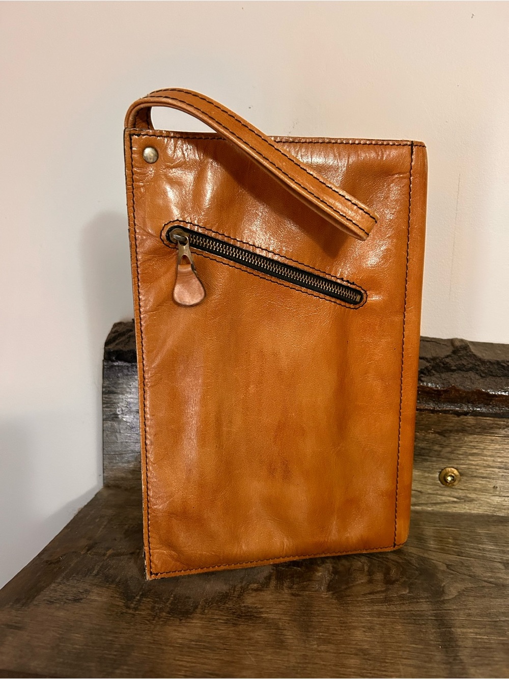 “Vintage Distressed Leather Clutch Wristlet Cognac Brown”